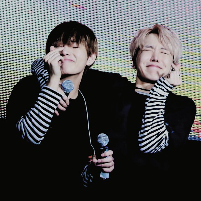 Jung Hoseok  Taehyung's very gay awakening. Reportedly his first kiss. Two sunshines who praise each other and play around a lot. Also, tension.