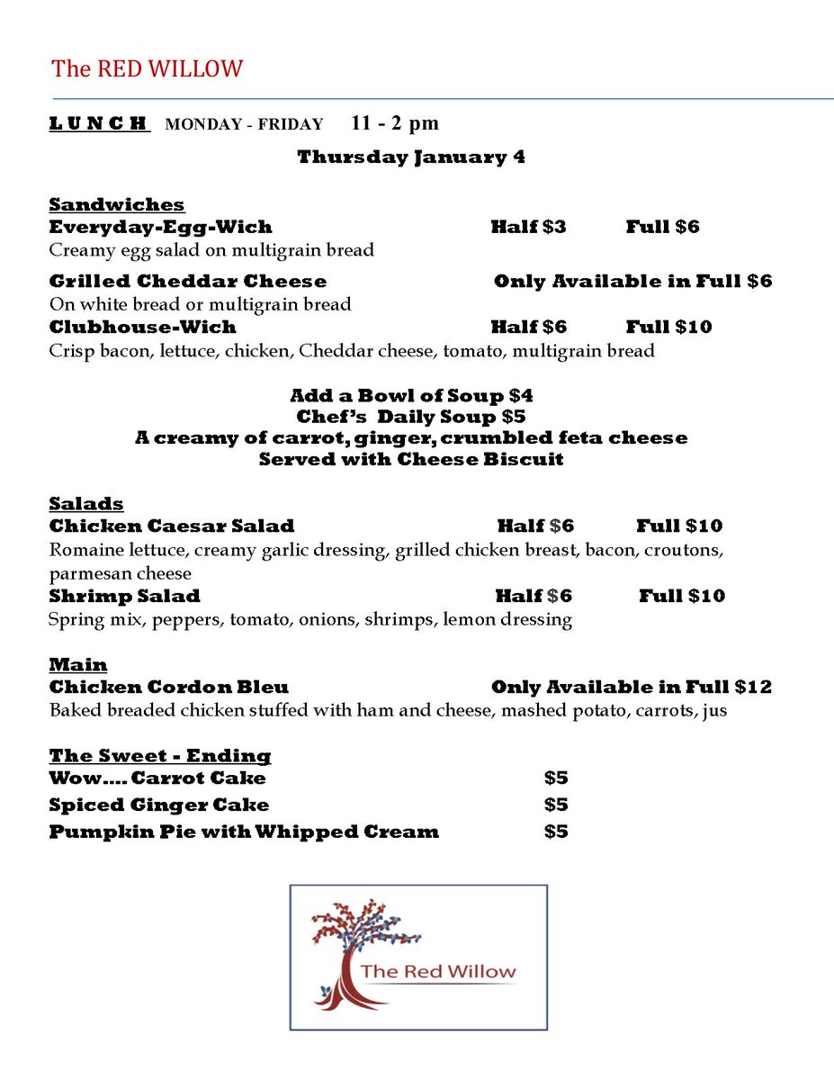 Thursday's terrific Red Willow lunch menu.  Join us 11am-2pm  7 Tache St.  Red Willow Place #stalbert