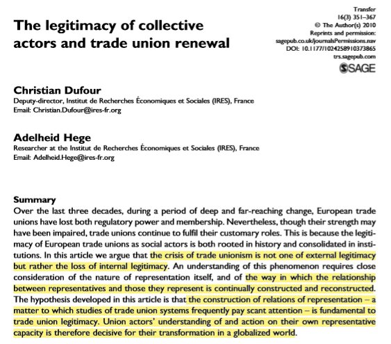 ilaria_armaroli's tweet photo. Dufur, Hege 2015 #PhD_IA
1) The crisis of trade #unionism is not one of external legitimacy but rather the loss of internal legitimacy (grounded on the construction and reconstruction of the relationship between representatives and represented). https://t.co/BDSIkrjTCr