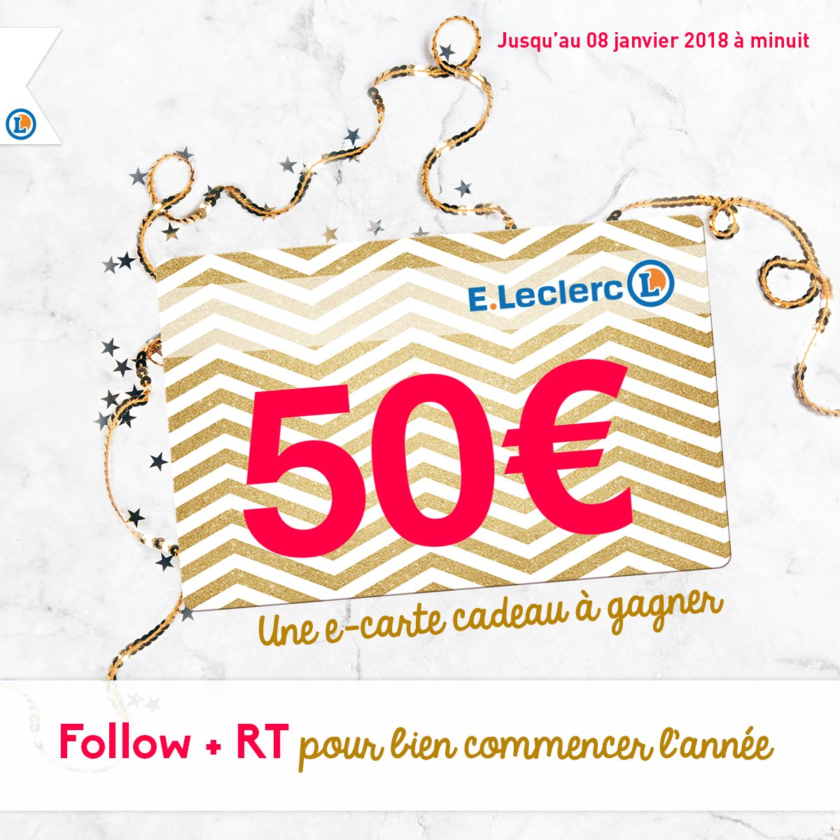 Leclerc's tweet photo. Pour bien commencer l'année : Follow + RT pour tenter de remporter une e-carte cadeau de 50€. Bonne chance à tous. #Jeu #Happy2018 https://t.co/wClNuINCjd