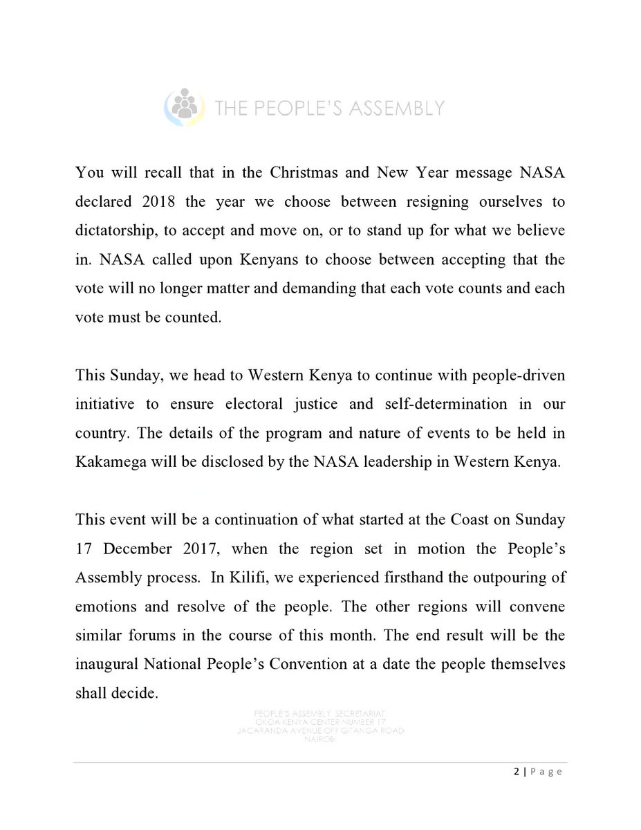 KenyaAssembly's tweet photo. Statement On The Resumption Of People's Assembly Process #Resist #NRM via @CoalitionNASAKe https://t.co/f2eEWViC7g