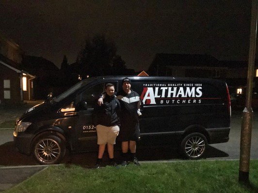 Althamsbutchers's tweet photo. Running #10K in #Manchester on 20 May, our Shaun has his lad training too. Well done boys! Great way to burn off the #mincepies @Great_Run #Mochester @HospAction 😀PS Remember to leave the van behind! https://t.co/XESO9ezbwD