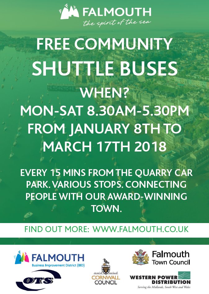 FalmouthTownUK's tweet photo. FREE community shuttlebus connecting car parks with the town centre, from Monday 8th to March 17th. Accompanying FREE car parking from this weekend until March 17th. Please share! #Falmouth #LoveFalmouth #Cornwall https://t.co/M8c3Fkrskj