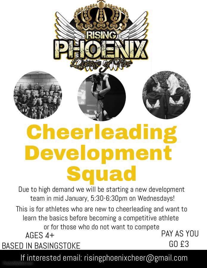 RPCheer's tweet image. Cheerleading classes for beginners, coming soon!

Ages 4 years and up.

Pay as you go, £3 every Wednesday 5:30-6:30 at Aldworth School. 

Email risingphoenixcheer@gmail.com or call/message 07835 761255 for more information.