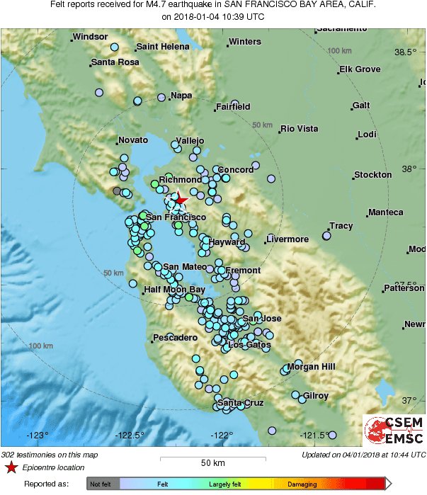 LastQuake's tweet photo. M4.7 #earthquake (#sismo) strikes 65 km NW of San Jose (#California) 5 min ago. Effects reported by witnesses: https://t.co/rVFdMsnWgK