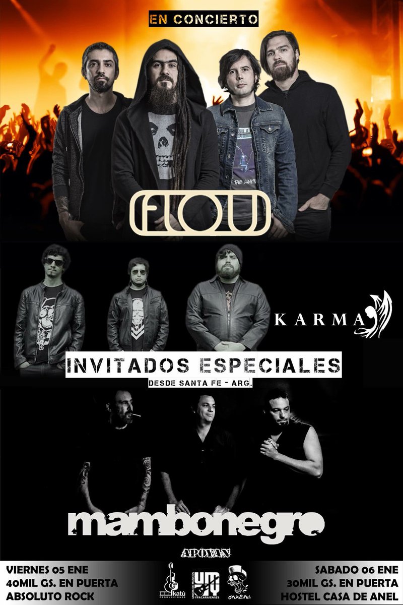 Vie5/1 - sab 6/1
Tremendos shows en Paraguay junto a nuestros hermanos <a href="/floumusic/">FLOU</a> y <a href="/Karmapy/">Karma - PY</a>