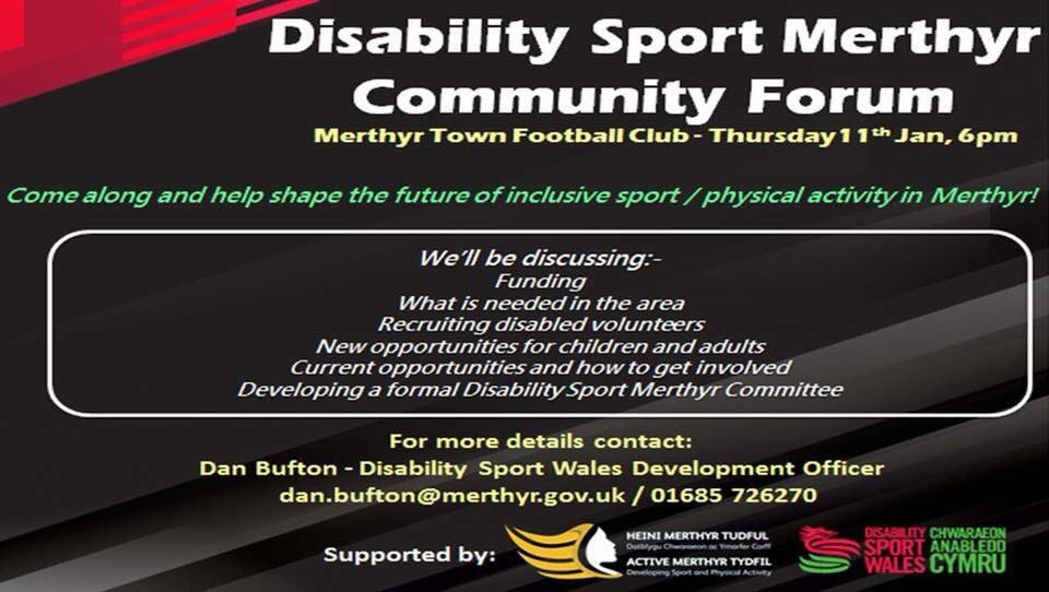 1 week to go until we launch our new forum! Whether you’re a potential participant, a parent/carer, a club, a local organisation, or just interested in what we do, come and have your say on plans for inclusive sport and physical activity in Merthyr!