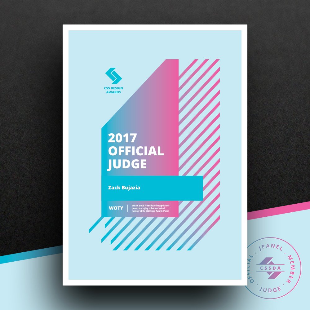 zackbujazia's tweet photo. I was very fortunate to join the insanely talented @cssdesignawards community in 2017 and I'm honored to be invited back to the Jpanel for 2018! 🤘

 #cssda #jpanel #2018 https://t.co/2rXF3qNDhH