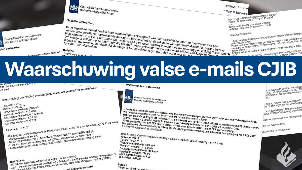 We krijgen de laatste tijd weer veel vragen over boetes per mail. Het <a href="/CJIBnl/">Centraal Justitieel Incassobureau (CJIB)</a> verstuurt nooit boetes of aanmaningen per e-mail. Ontvang je toch e-mail met verkeersboete? Dan is dit altijd een nepmail. Kijk voor meer informatie op de site van het CJIB: bit.ly/2udgFYF