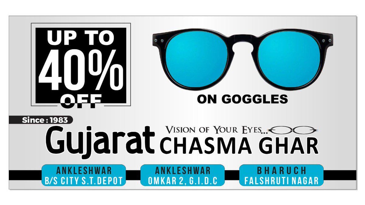 ConnectGujarat's tweet photo. #UttarayanOffer #GujaratChasmaGhar #Bharuch #Ankleshwar #Gujarat #ConnectGujarat #Goggles #Lences #sunglass #frames #Discount
For more info contact : 9586189586 https://t.co/09rih9kLH5