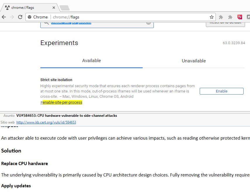ssantosv's tweet photo. #MeltdownAttack Para mitigar que Chrome sea una vía de explotación, podéis activar este flag mostrado en la imagen. No es que resuelva el problema, pero bueno: la alternativa oficial del US-CERT es cambiar la CPU directamente, así que... https://t.co/MuXcdVmk1X