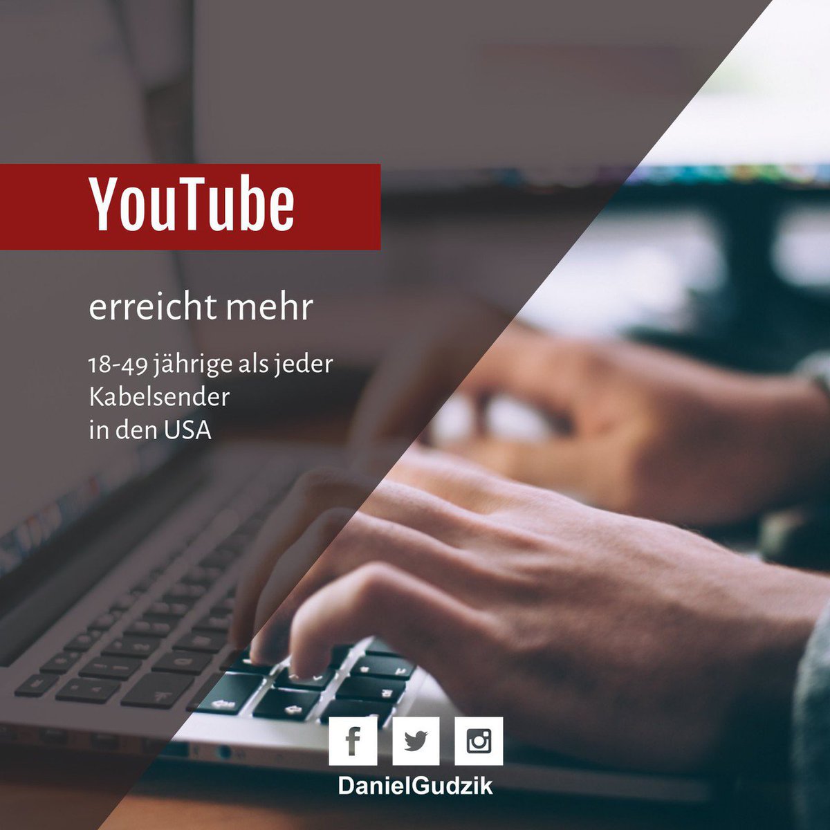 GudzikMedia's tweet photo. YouTube erreicht mehr 18-49 jährige als jeder Kabelsender in den USA.
YouTube reaches more 18-49 years olds than any cable network in the U.S.

#YouTube #CableNetwork #Media #SocialMedia #VideoMarketing #reach #reaches #erreicht #Video #US #USA #DanielGudzik #Gudzik #GudzikMedia https://t.co/y5AK5lIpiD