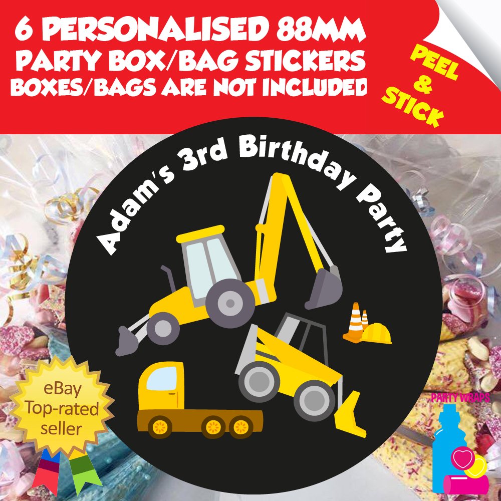 JCB Construction Birthday Party Set Bottle wraps, kitkat wraps, fold over toppers, sweet cone stickers and party box stickers! tinyurl.com/jcbconstruction #jcb #birthdayboy #personalised #diggers