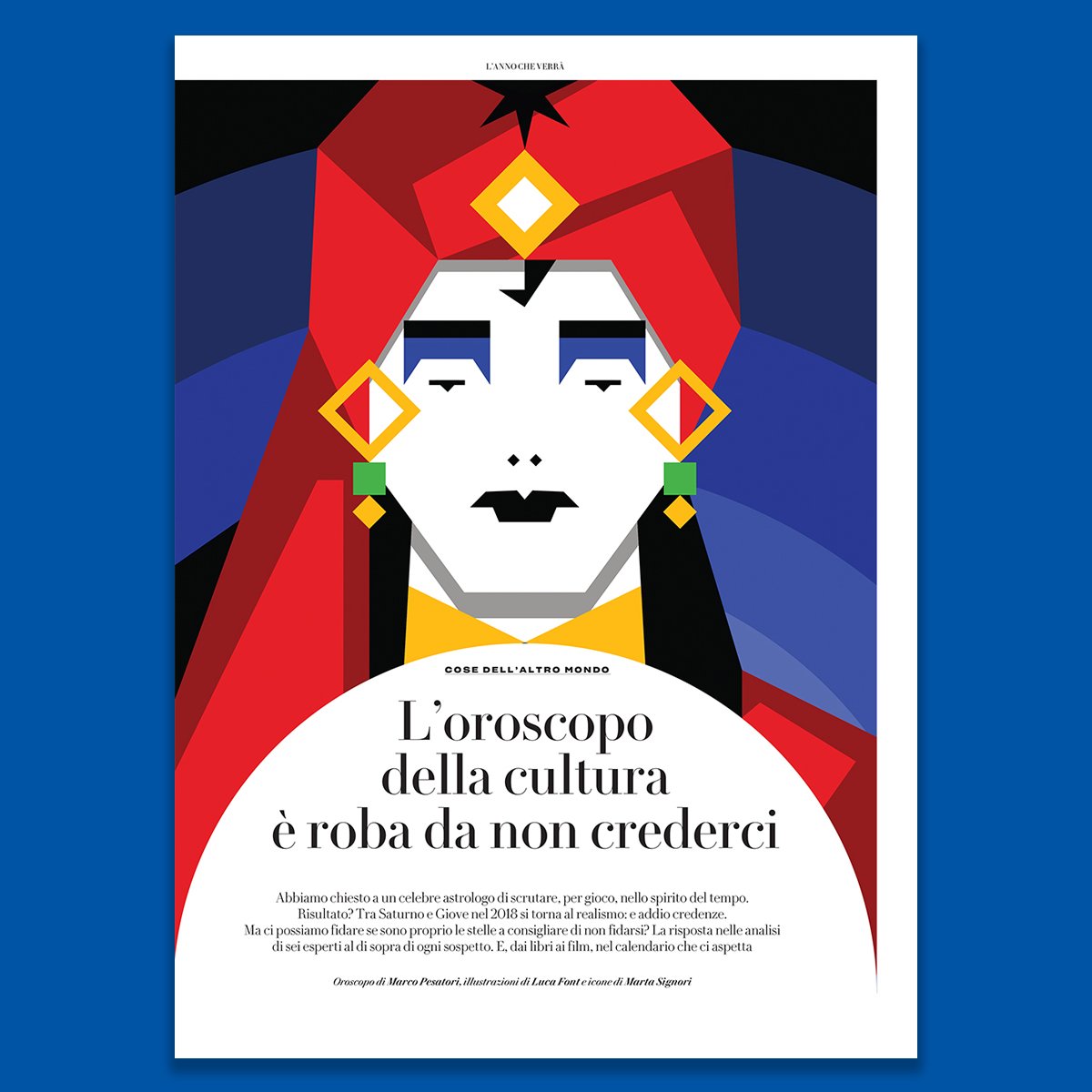 Visionar_Agency's tweet photo. The last issue of 2017 of #Robinson @LaRepubblica_it is dedicated to a "cultural horoscope" entirely illustrated by @lucafontbgm. Happy #2018 🎉 https://t.co/7IxcpCgUCj