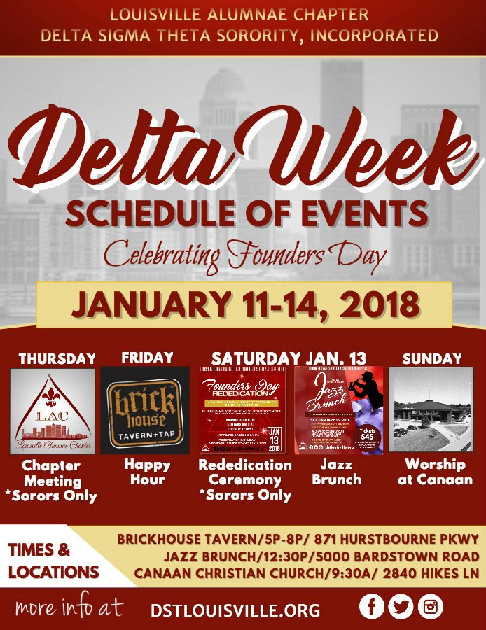 DST_LAC_KY's tweet photo. We're celebrating 105 years of Sisterhood, Scholarship and Service in true DELTA DIVA fashion! The Happy Hour, Jazz Brunch* and Church Service are open to the public!  #J13 #DST105 #HappyFoundersDay #Deltas #DeltaSigmaTheta 

*Jazz Brunch tickets are sold out https://t.co/HyuklH1k9I