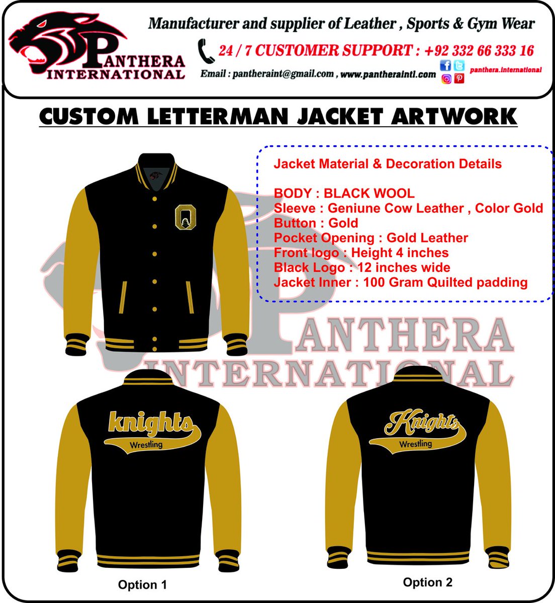 pantheraint's tweet photo. We are making jackets for #knights wool with Genuine Cow leather Sleeve 
Starting from 49 USD ( MOQ 30 Jackets )
#customlettermanjackets #varsityjackets #schooljacket #clubjacket #leatherjacket #pantherainternational #sportswearleader #usa #uk https://t.co/DvH6nc70Fm