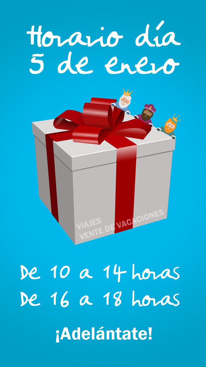 VIAJES VENTE DE VACACIONES (Tocina) informa:
🎈Horario especial viernes 5 de enero🎈
De 10 a 14 y de 16 a 18 horas
🎁 Adelántate para comprar tu regalo ideal, #viajar
Teléfono 95 474 18 80