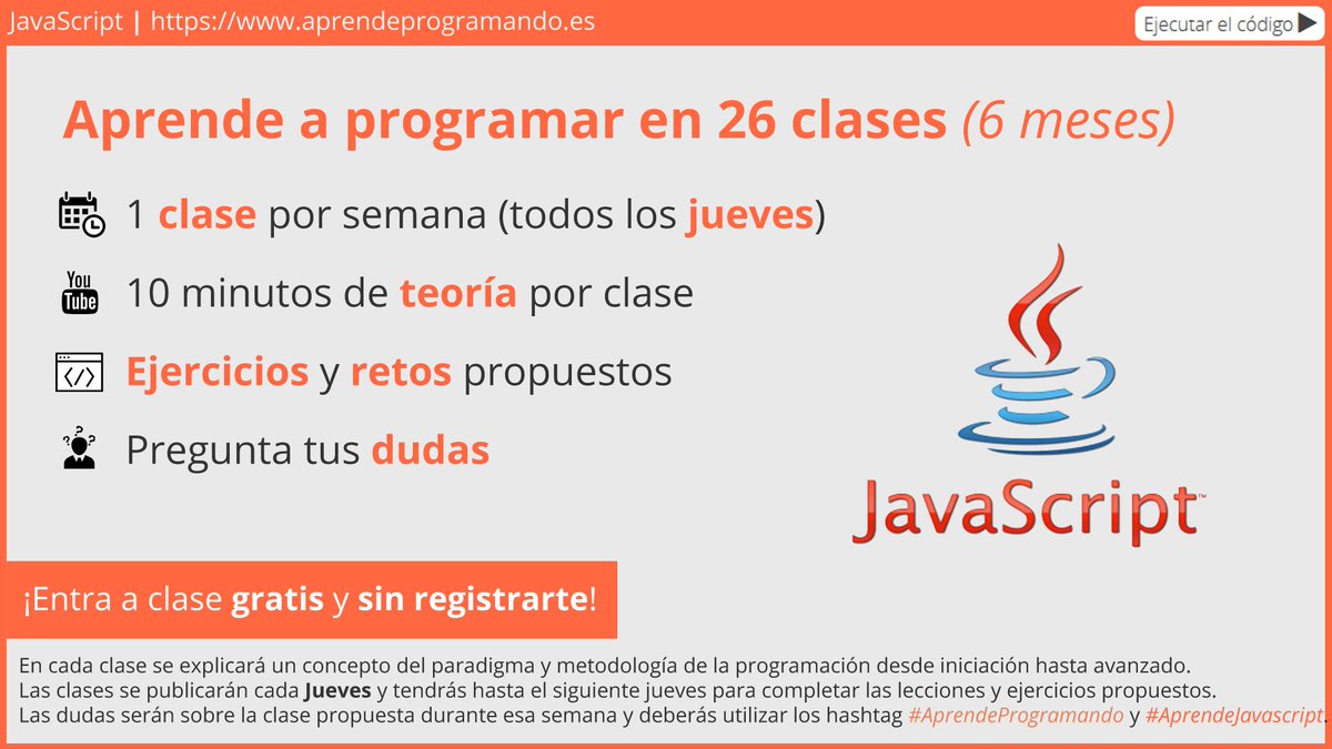 ProgramoErgoSum's tweet image. ¡Entra a clase, la puerta está abierta!
Todos los jueves una nueva clase para aprender a programar en #JavaScript aprendeprogramando.es/cursos-online/…

#AprendeProgramando #AprendeJavascript
