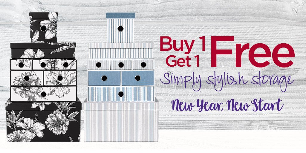 WHSmith's tweet photo. Achieve all storage goals with our stylish storage range! Now buy 1 get 1 free in our High Street stores! Tidying up has never looked so good 🙌🙌 #WHSOffers https://t.co/oYUi8MRTqL
