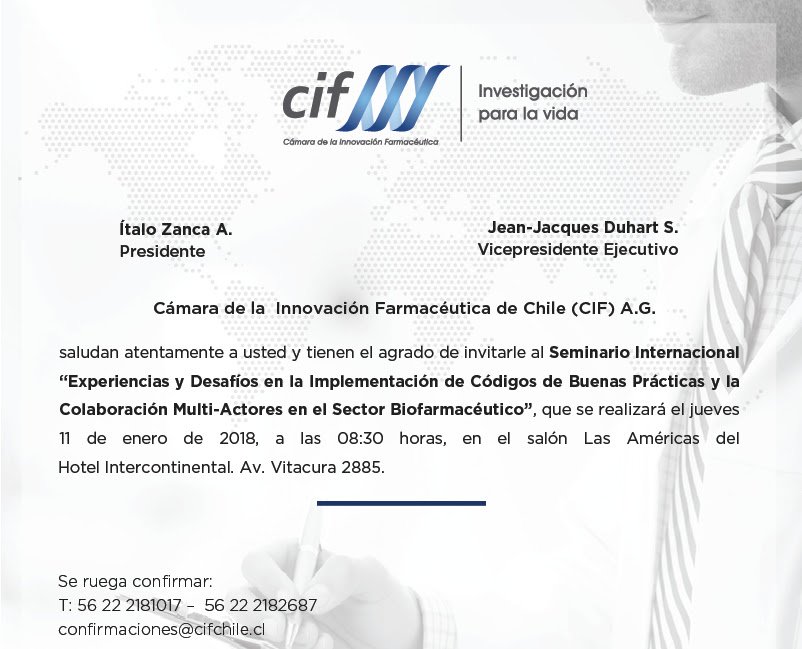 CIFChile's tweet photo. En el siguiente link podrá inscribirse al Seminario internacional “Experiencias y desafíos en la implementación de códigos de buenas prácticas y la colaboración multi-actores en el sector #biofarmacéutico", es gratuito. 
#SeminarioInternacionalCIF 

https://t.co/WopMMo7tmG https://t.co/xuQiKcYw8K