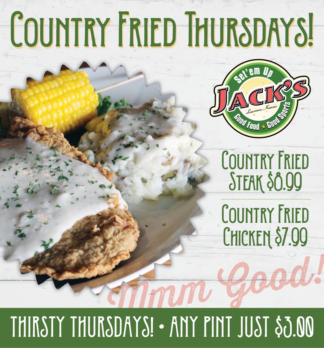 SetEmUpJacks's tweet image. Warm your innards with some stick to your ribs comfort food! We got Country Fried Goodness on special today! $3 ANY pint also with Boulevard IRISH ALE now on tap! Too good to pass up. #headeast #lfk
