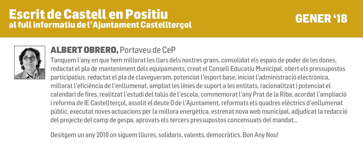 castellpositiu's tweet photo. Us deixem l'escrit @Obreroca @castellpositiu al full informatiu de l'@AjCastelltersol d'aquest mes de #gener2018 un bon resum de la #feinafeta #Castellterçol #hihaunaaltramanera https://t.co/YeaoKYq2kD