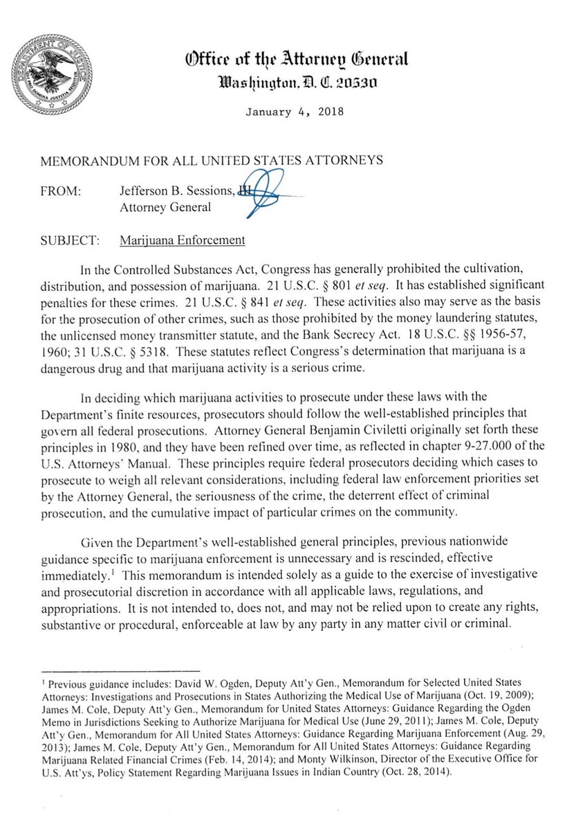 josephabondy's tweet photo. Here’s the actual #JeffSessions @TheJusticeDept #cannabis memorandum, rescinding all prior federal #marijuana guidance, including the #ColeMemo &amp; #OgdenMemo: https://t.co/uDDlODRBhb