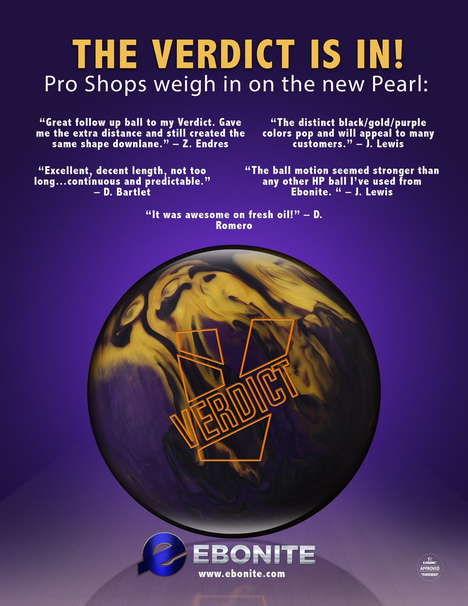 The Verdict Pearl is the perfect step down from the original Verdict. It will give you length through the front of the lane and store energy for where everyone likes to see their ball hook most; the backend! Get yours 1.16.18. #Ebonite #VerdictPearl