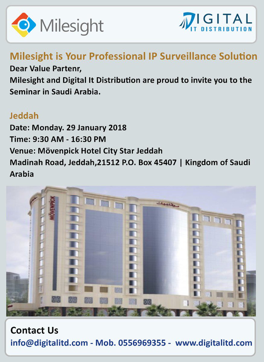 digitalitd2's tweet photo. Milesight is your Professional IP Surveillance Solution 
Dear Value Partner, 
Milesight and Digital It Distribution are proud to invite you to the   Seminar in Saudi Arabia.   
Jeddah
Register Now by clicking on the below link, Seats are limited.
https://t.co/c0OLypD9IR https://t.co/Pn5ANnmNmB
