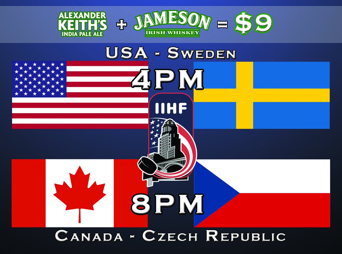 IrishEmbassyMtl's tweet photo. Be sure to catch the World Juniors Semifinal action today! Get a pint of #AlexanderKeiths + a shot of #Jameson Irish Whiskey for only $9 all night!  #teamcanada #IIHFWorldJuniors #downtownmtl #irishpub #irishembassymtl https://t.co/pCkVQ2LW83