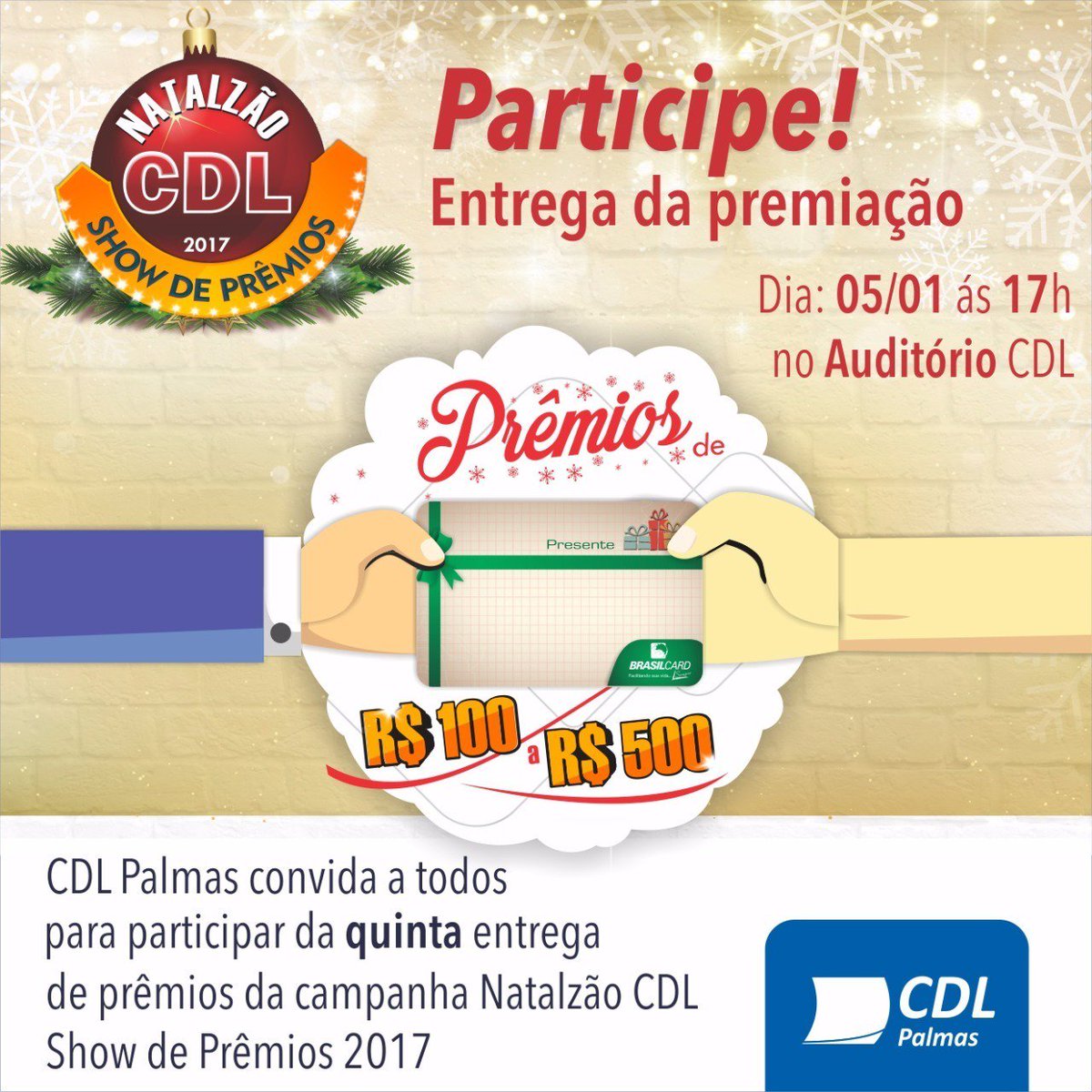 CDLPALMAS's tweet photo. Amanhã, 05, tem a 5ª entrega de prêmios da Campanha Natalzão CDL. Vamos lá? Quem sabe você será um dos sortudos?! 😉

(https://t.co/BODTCg6XV3) https://t.co/3SpzBtWfKU