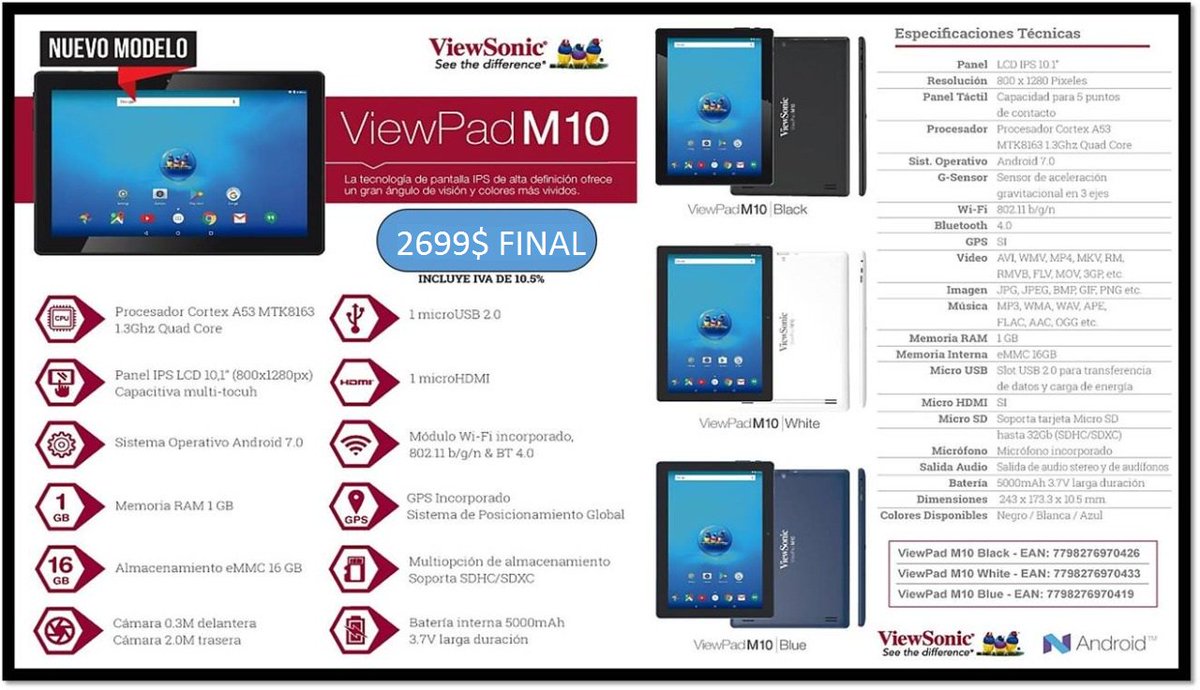 Tecno_MyE's tweet photo. TABLET 10'' ViewPad

Disponibles en Negro, Blanco y Azul

2699$

Procesador Quad Core 1.3 Cortex A53
Android 7.0
16GB memoria interna
1 GB RAM
WIFI
Cámara 2.0 y delantera 0.3
Pantalla IPS en Alta Definicion
Entrada MICRO HDMI
Bateria larga duracion 5000 mAH https://t.co/eMw7LBz8Zb