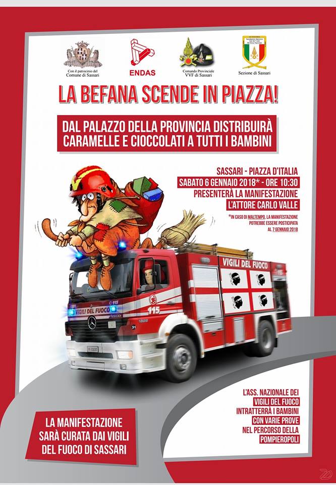 Il 6 gennaio, in piazza d'Italia alle 10.30, si rinnova il consueto appuntamento con la discesa della Befana. Saranno distribuiti cioccolati e caramelle a bambine e bambini  
#Sassari