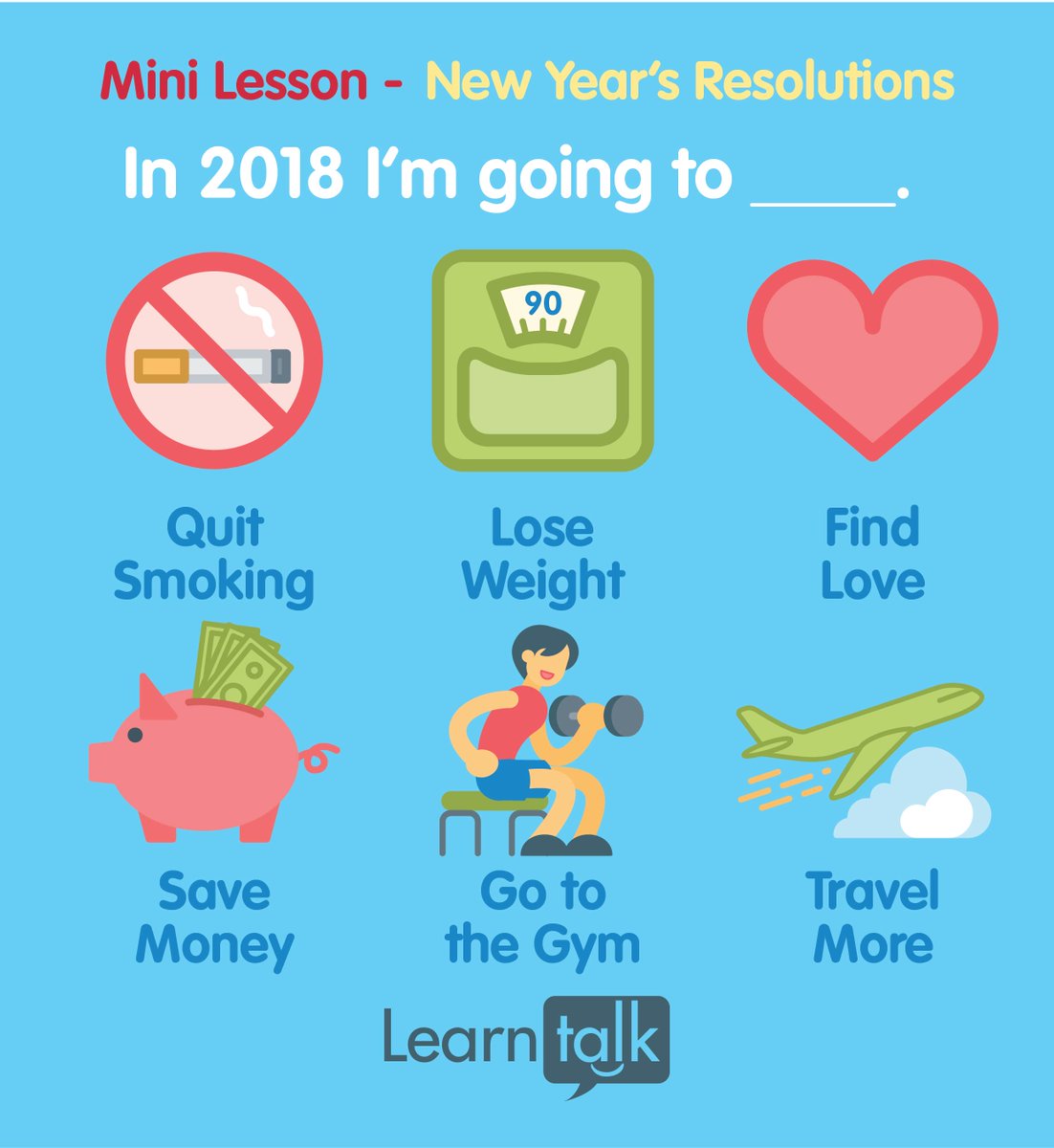 LearntalkEN's tweet photo. En el 2018 te ayudaremos a que aprendas Inglés 😀 ¿Cuál es tu propósito de año nuevo?  https://t.co/EZKycmEkHO https://t.co/S5Z83pkQ9T