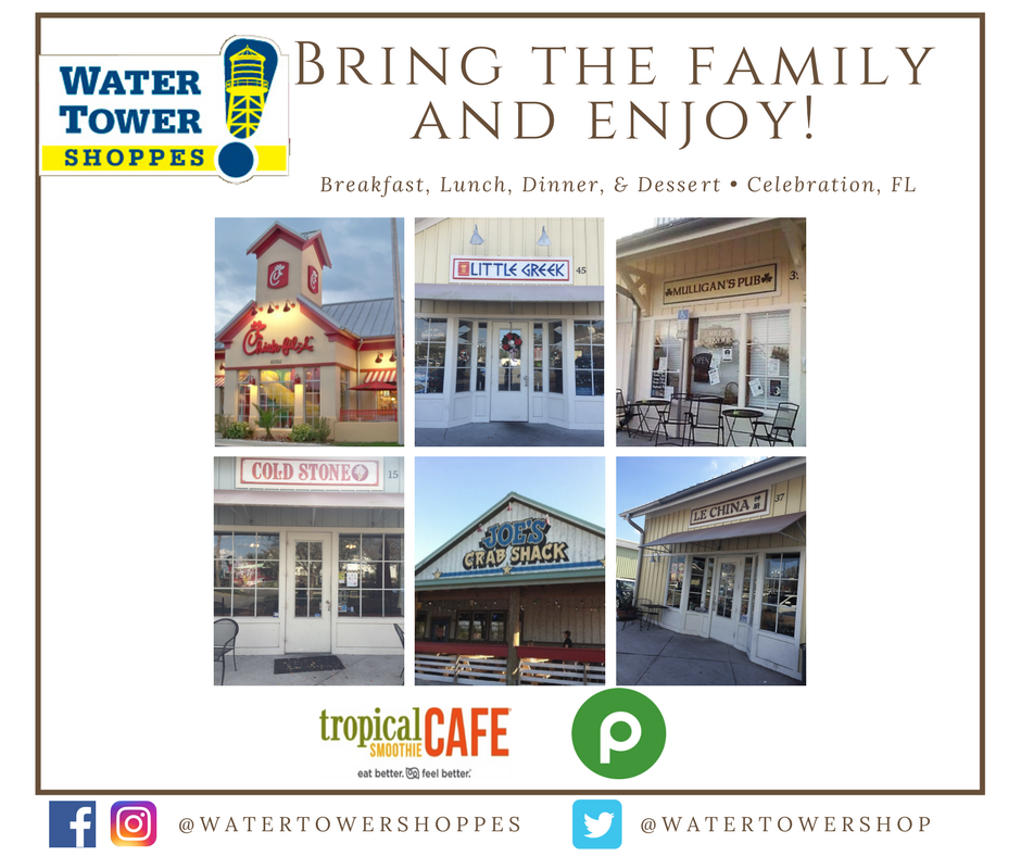 watertowershop's tweet photo. Stop in @watertowershop and enjoy eating at any of these great places!
#CelebrationFL #Kissimmee #OsceolaCounty #WaterTowerShoppes #Disney #Eateries #Coldstone #JoesCrabshack #PublixDeli #TropicalSmoothie #Chickfila #LittleGreek #MulligansPub #LeChina https://t.co/MdsBQPRwEr