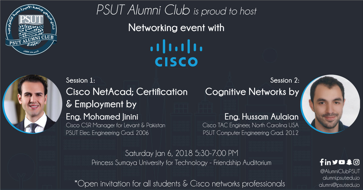 AlumniClubPSUT's tweet photo. يدعوكم نادي الخريجين لحضور لقاء خاص مع زملائنا من سيسكو للاستفادة من خبرتهم في نطاق عملهم .. يوم السبت الساعة 5:30 مساءً في مدرج الصداقة/جامعة الأميرة سمية للتكنولوجيا.
الدعوة عامة طلاب وخريجين وجميع المهتمين في هذا المجال.
#PSUTAlumni #Cisco https://t.co/0raJfPEoYh