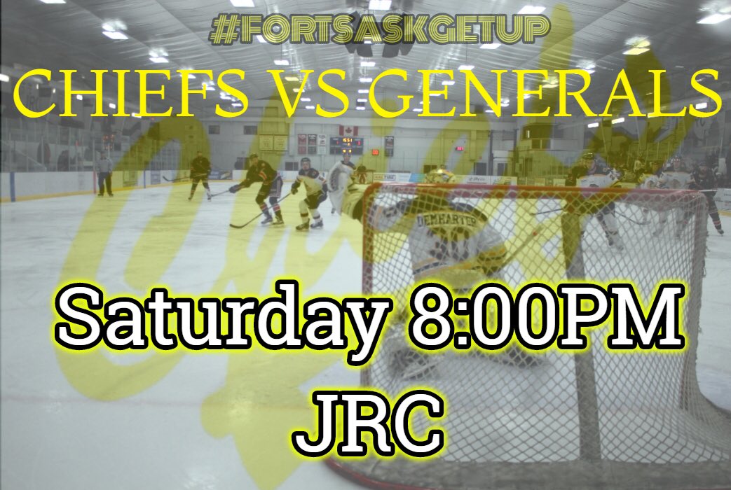 FtChiefsHockey's tweet photo. We’re back at the JRC this weekend! #FortSask the @LacombeGenerals are in town for an 8:00PM puck drop. #FORTSASKGETUP https://t.co/oarLf1KVxX