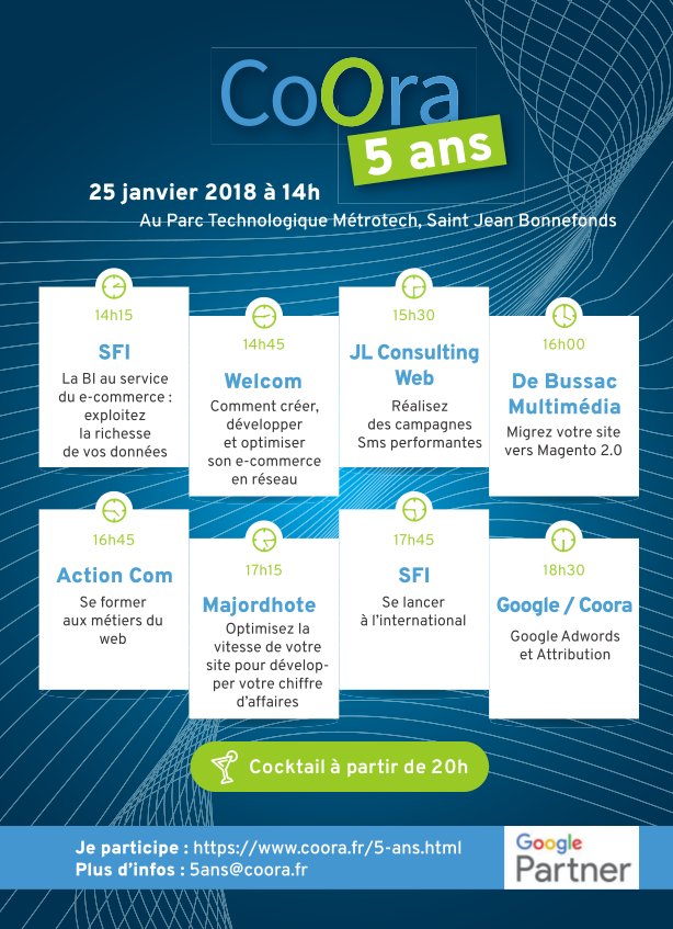 Bonjour à tous !

Vous êtes concernés par le e-commerce et/ou par la visibilité en ligne ?
Soyez les bienvenus aux 5 ans de Coora, le 25 Janvier !

Inscription gratuite : lnkd.in/eP9Msaw

Merci de partager à vos contacts !