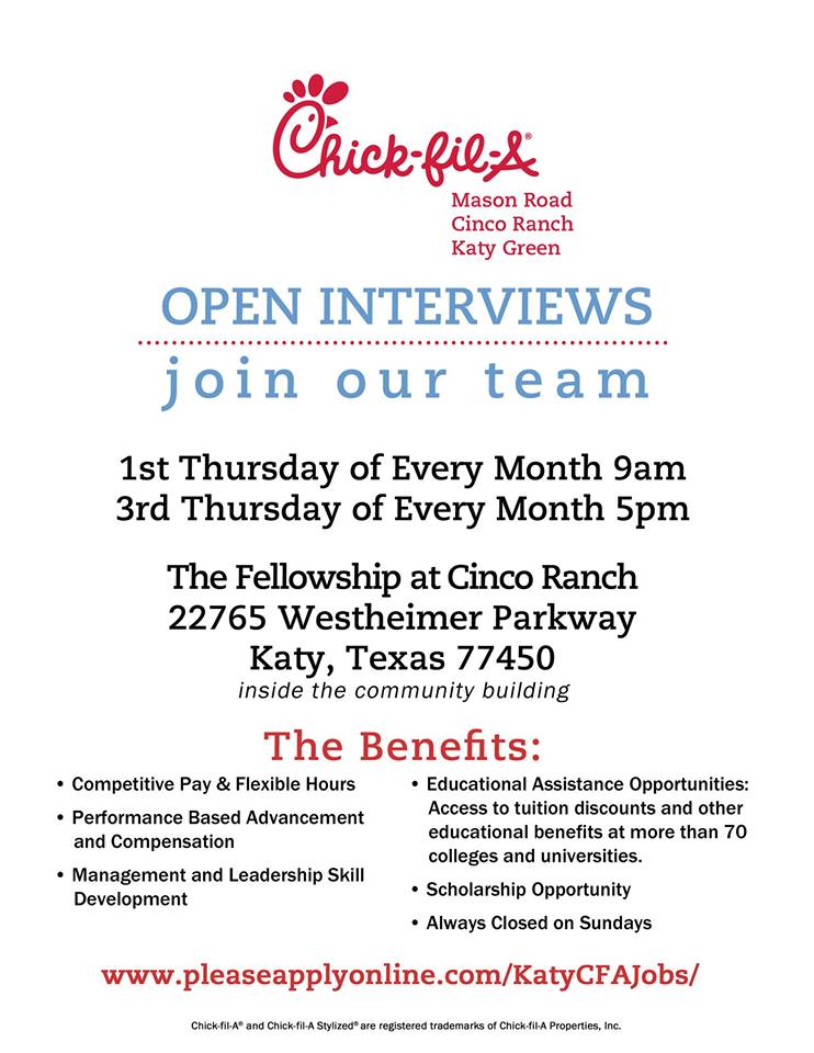 Katy Magazine Katy Tx On Twitter Job Openings In Katy Texas Chick Fil A Katy Green Is Doing Open Interviews At The Fellowship At Cinco Ranch Today Always Closed On Sundays Great Work Environment