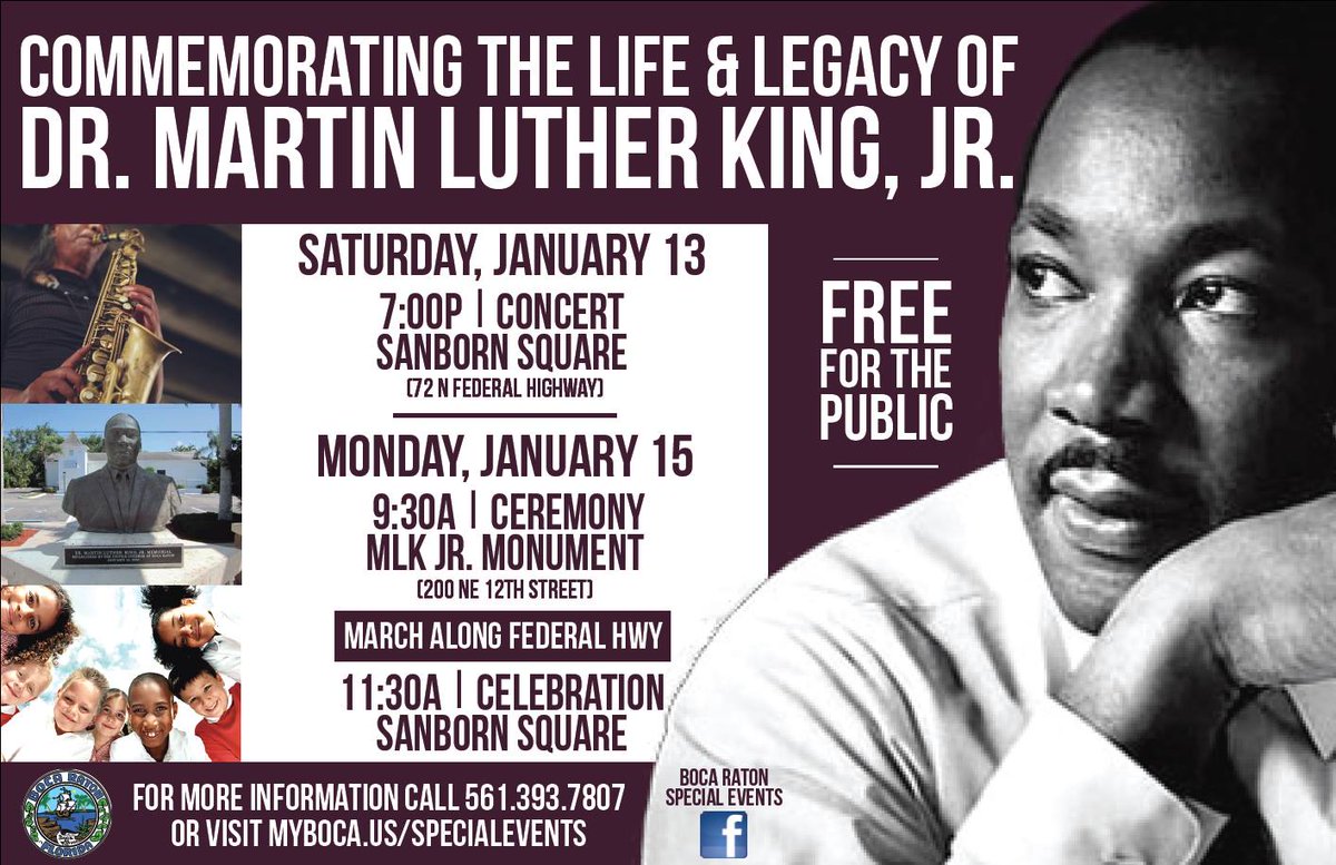 CityBocaRaton's tweet image. Join us for a weekend of honoring the legacy of Dr. Martin Luther King, Jr.
Jan 13 - Local bands, spoken word &amp;amp; food vendors
Jan 15 - Ceremony, march to Sanborn Sq. to the family celebration event with music, activities, rides and more. myboca.us/1468/MLK-Jr-We… #BocaRaton