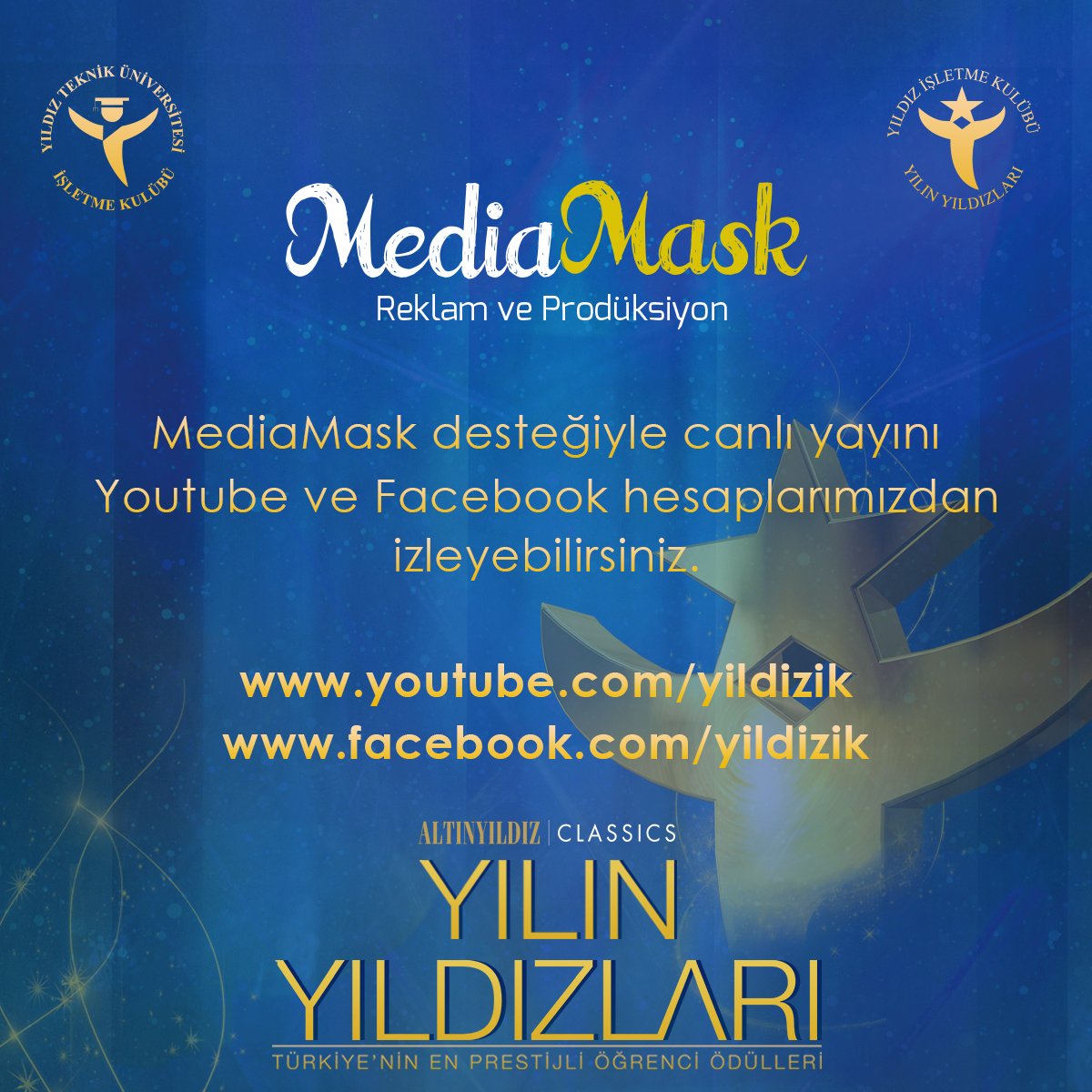 yilinyildizlari's tweet photo. 16. Yılın Yıldızları Ödül Töreni’ni MediaMask sponsorluğunda gerçekleşecek canlı yayınla YouTube ve Facebook hesaplarımızdan 11 Ocak Perşembe akşamı izleyebilirsiniz!

#yilinyildizlari https://t.co/uGllWtPFdh