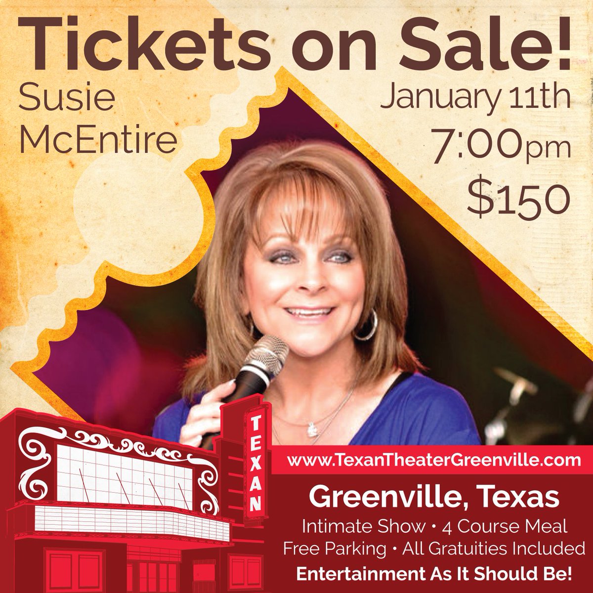 Susie McEntire: January 11th at 7! Tickets on sale now! goo.gl/NYaYnj Come enjoy an intimate show with close free parking, full 4 course dinner, luxurious seating, table service, and all gratuities included!