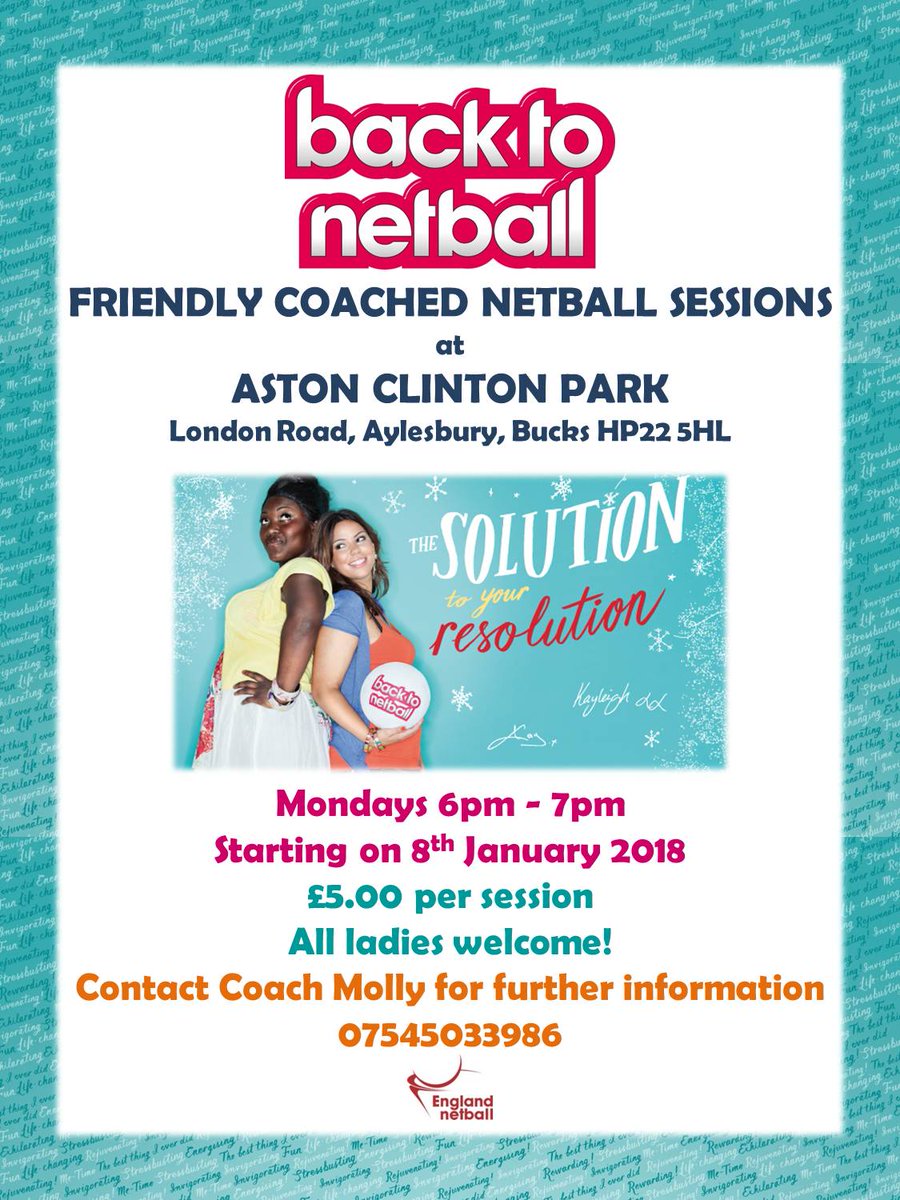 NetballBucks's tweet photo. Not long until Back to Netball starts in Aston Clinton on 8th Jan at 6pm!! Come along an give it a try. See you there!!
#NewGoals #BacktoNetball #ThisGirlCan #GetActive #TrySomethingNew 
@b2n_bucks_molly https://t.co/kLlxkrRgN9