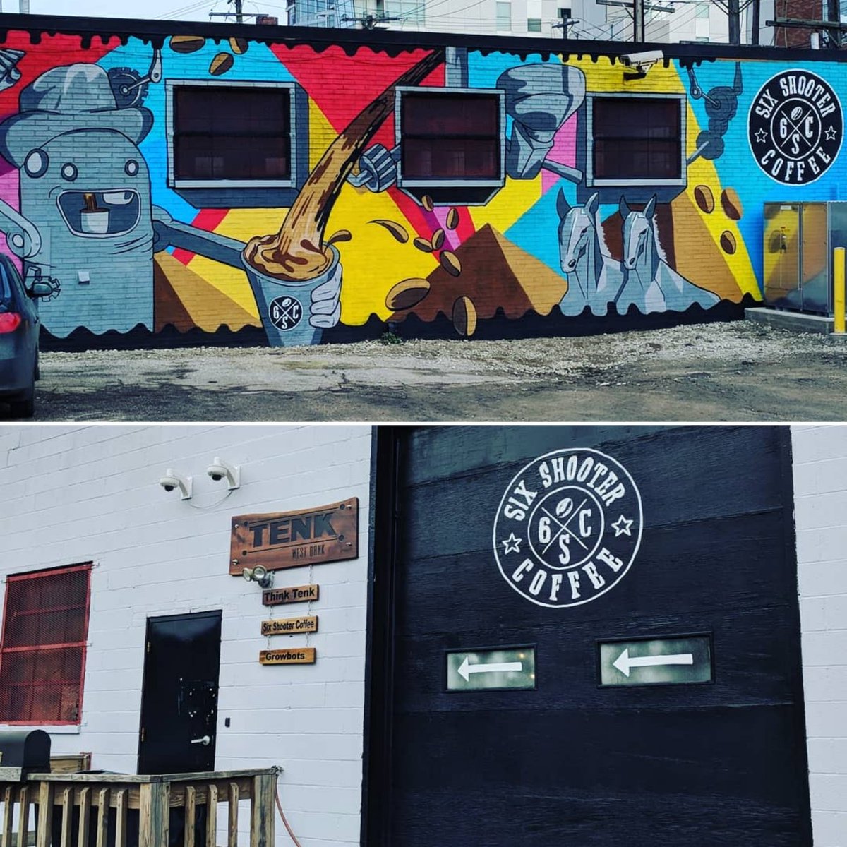 FlatsForward's tweet photo. RT @6shootercoffee: You're getting warmer...warmer...ok, now you're hot coffee! Between the new mural and logo painting, our Flats Roast Bar is finally feelin' like home. Looking for the boldest coffee around? Follow the art. #flatscle https://t.co/hxLqHxW0P3