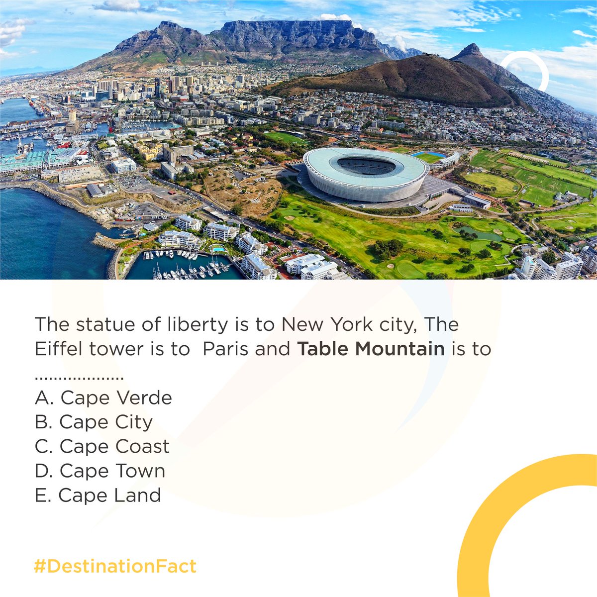 wontratravels's tweet photo. #DestinationFact
Where it the popular Table Mountain landmark located?
#TravelFacts #Travel #Wontra https://t.co/Pd6XJr01Ux