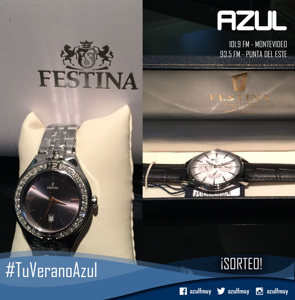 azulfmuy's tweet photo. 🎉¡Ya somos más de 5000 en Twitter y lo celebramos regalándote estos fantásticos relojes para dama y caballero! 🎉

Para participar:
🔵 Subí tu foto disfrutando del verano con el hashtag #TuVeranoAzul
🔵 Seguí a @azulfmuy 
🔵 Dale RT a este tuit. https://t.co/YvsY7whkC1