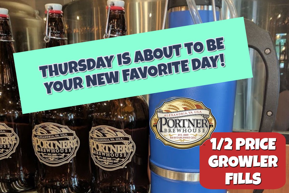 PortnerBrew's tweet photo. NEW! Grab your favorite draft for 50% off on Thursdays at Portner Brewhouse #halfprice #growler #vabeer https://t.co/TnsyboFxQk