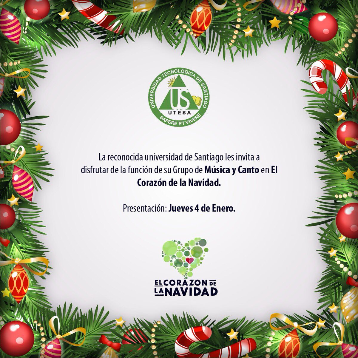 corazonnavidad's tweet photo. La #UniversidadTecnológicaDeSantiago les invita a disfrutar de su función de #Música y #Canto, hoy en #ElCorazónDeLaNavidad2017 ¡Les esperamos! #Cisama https://t.co/1VQ1txYAoa