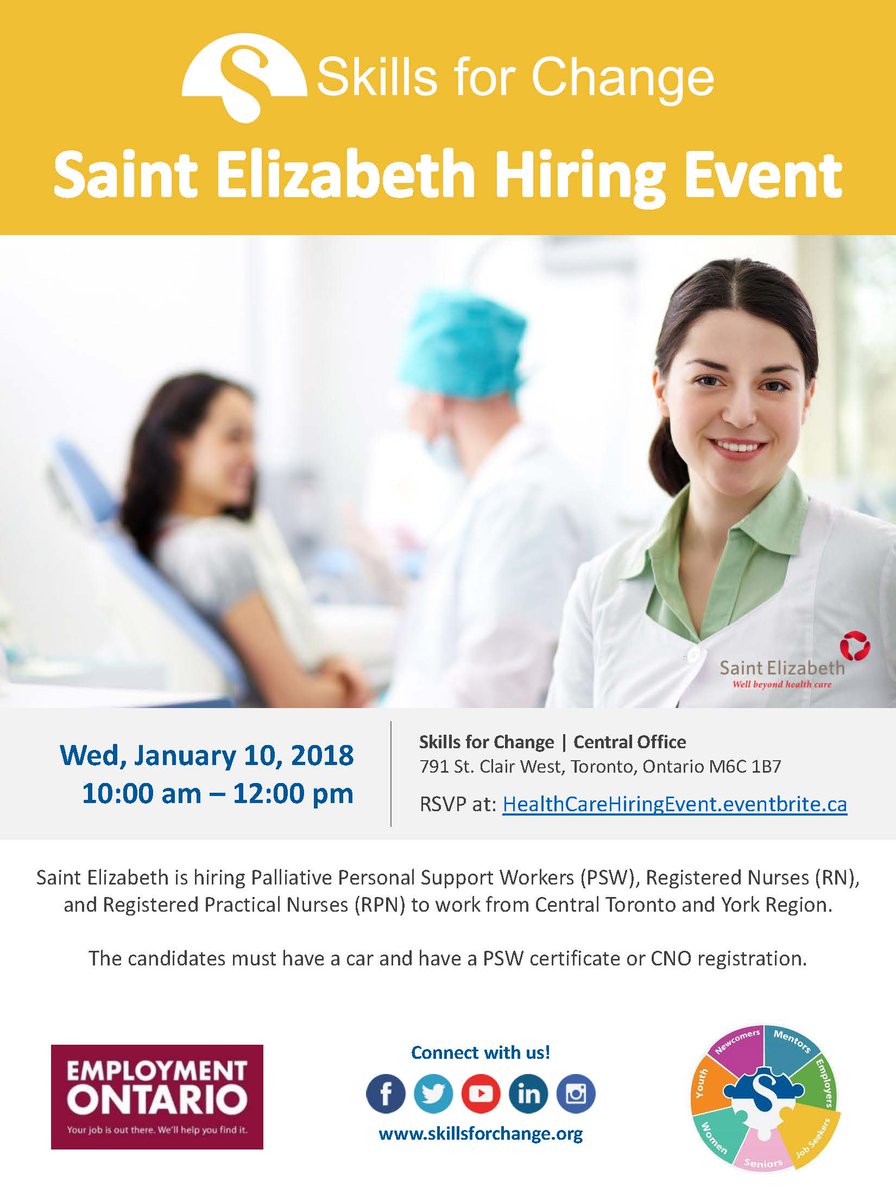 VictoriaFong_'s tweet photo. @StElizabethSEHC is hosting a Career Fair next Wednesday, January 10th  from 10am to 12pm at Skills for Change. Please come by with your resume,  details below. #SEHC #saintelizabeth #jobfair #psw #personalsupportworker #rn #registerednurse #palliative #hospice #CAPCE #CNA #LEAP https://t.co/VSGoLePst6