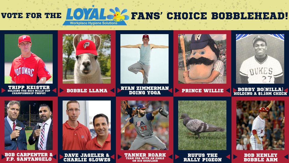 FXBGNats's tweet photo. The finalists for the 2018 @LoyalHygiene Fans' Choice Bobblehead have been selected! Vote for the one you want to win here: https://t.co/8wYVjCxp9q  (Poll is on the right). Voting ends Fri. Jan. 26th. https://t.co/NiE2YRrjup
